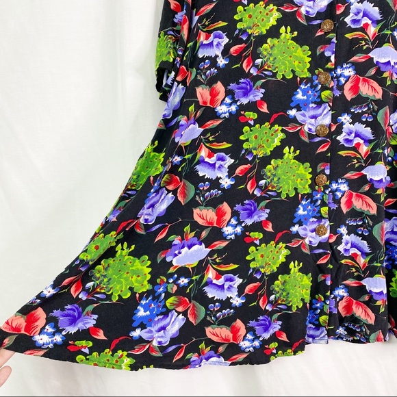 Vintage 80’s Black Bright Floral Print Swing Button Down Top XXL - Picture 3 of 7